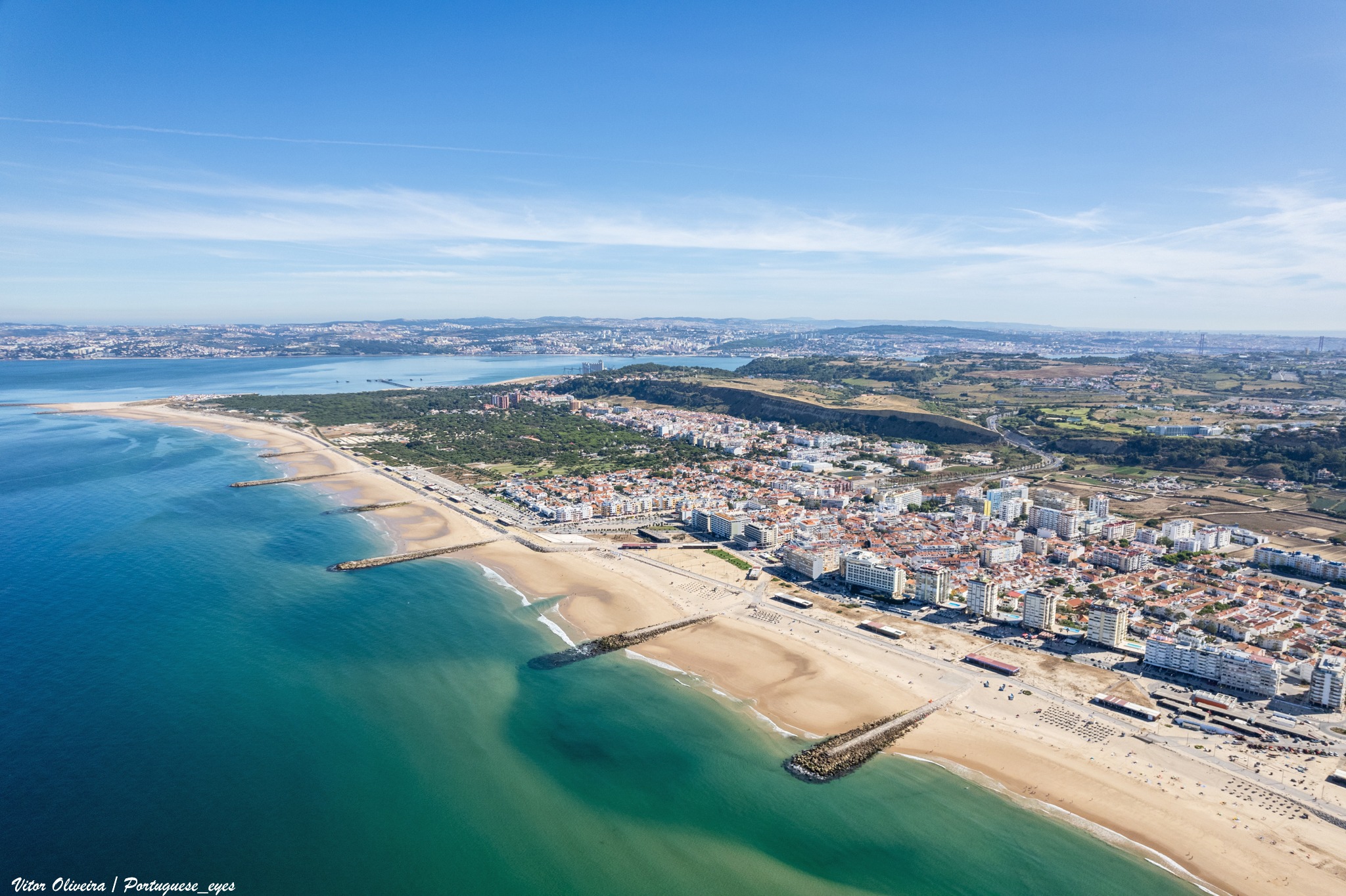 Aerial view of Costa da Caparica, its beaches and the Atlantic coast